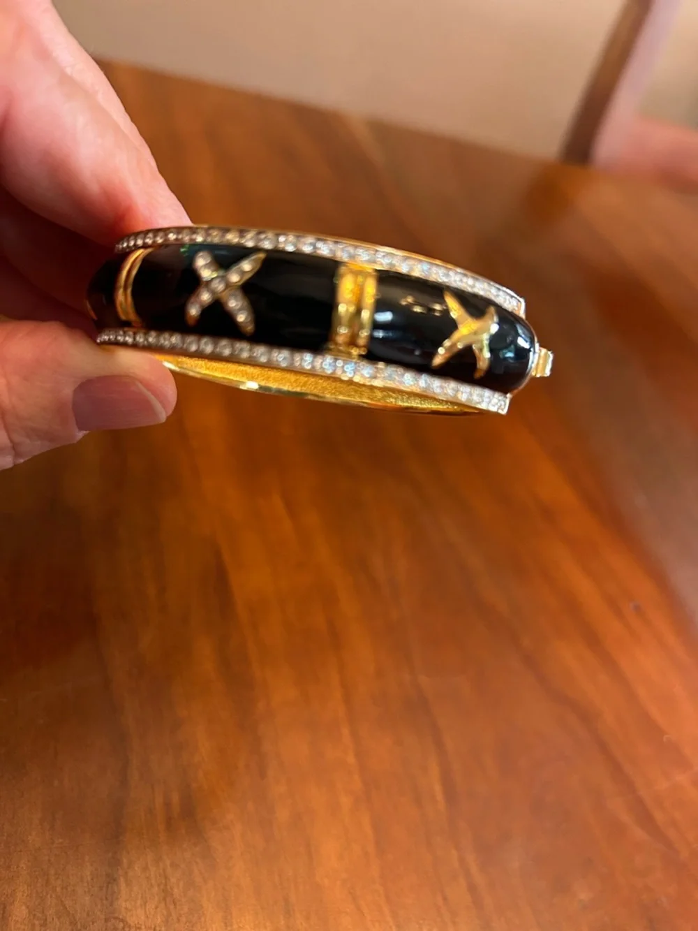 Gold-Tone Black Enamel X Accent Bangle Bracelet